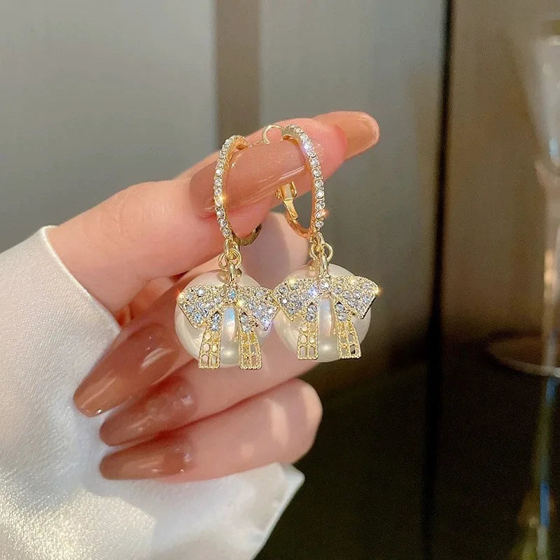 Gold Color Rhinestone Bow Pearl Earrings For Women 2022 New Korean Fashion Exquisite Earrings Wedding Jewelry Birthday Gifts