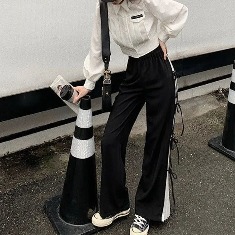 Korean Version Pleated New Spring and Autumn Women's Patchwork Elasticized Pocket Loose Straight Leg Versatile Casual Pants