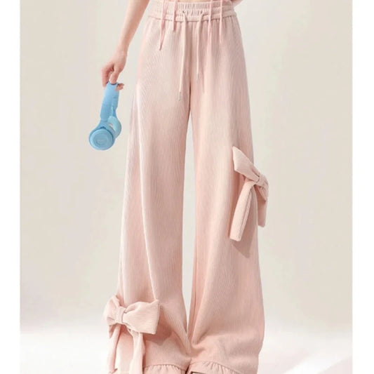 Pink Bow Casual Pants for Women Design Straight Wide Legs Stylish Flared Long Pants for Commuting