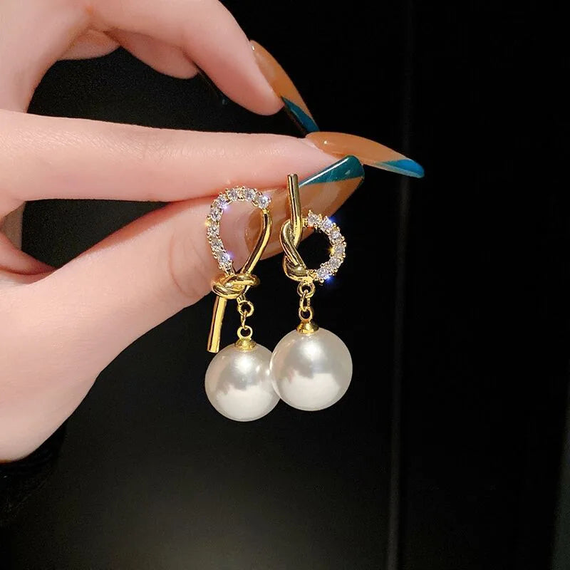 Gold Color Rhinestone Bow Pearl Earrings For Women 2022 New Korean Fashion Exquisite Earrings Wedding Jewelry Birthday Gifts