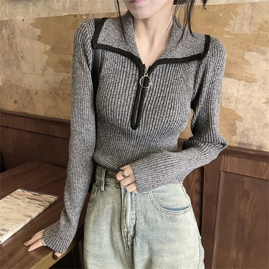 Polo Collar Retro Zipper Slim Fit Base Sweater for Women's Interior Slim Fit High-end Design Knit Sweater Top