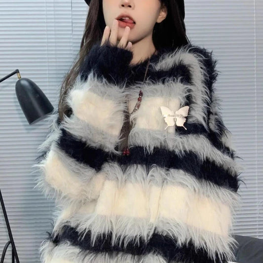 Retro Striped Sweater for Women New Mink Fur with Lazy Knit Sweater Inside