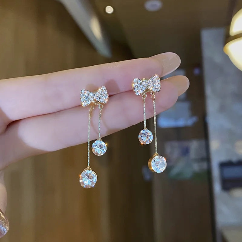Gold Color Rhinestone Bow Pearl Earrings For Women 2022 New Korean Fashion Exquisite Earrings Wedding Jewelry Birthday Gifts