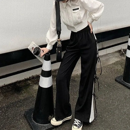 Korean Version Pleated New Spring and Autumn Women's Patchwork Elasticized Pocket Loose Straight Leg Versatile Casual Pants