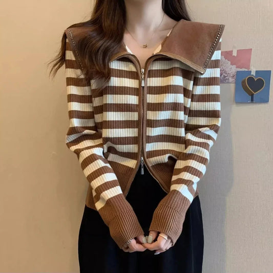 Navy Collar Knitted Cardigan Jacket Women's Loose Short Sweater Double Headed Zipper Striped Top