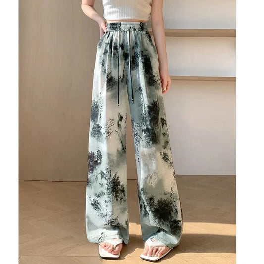 Ice Silk Quick-drying Ink Tie-dye Casual Wide-leg for Women High-waisted Straight-leg Loose Ice Silk Floor-length Pants