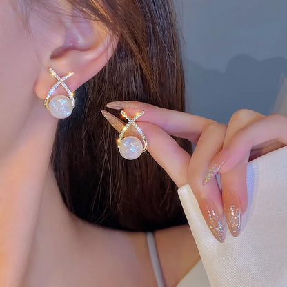 Gold Color Rhinestone Bow Pearl Earrings For Women 2022 New Korean Fashion Exquisite Earrings Wedding Jewelry Birthday Gifts