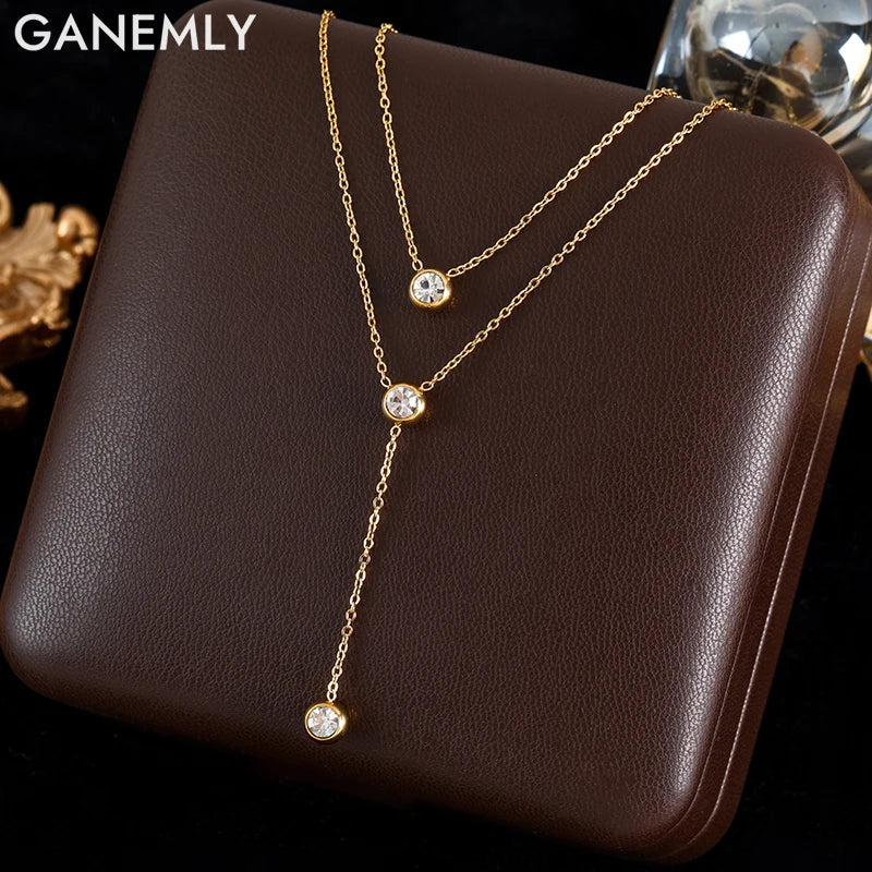 GANEMLY 316L Stainless Steel Multilayer Zircon Pendant Necklace For Women Girl New Trendy Luxury Neck Chain Jewelry Lady Gift