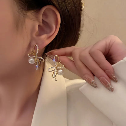 Gold Color Rhinestone Bow Pearl Earrings For Women 2022 New Korean Fashion Exquisite Earrings Wedding Jewelry Birthday Gifts