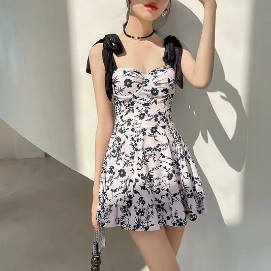 Women's Summer Korean Floral Print One Piece Swimsuit Sexy Lace-up Bow Swimwear Sweet Slim Beach Dress Conservative Bathing Suit