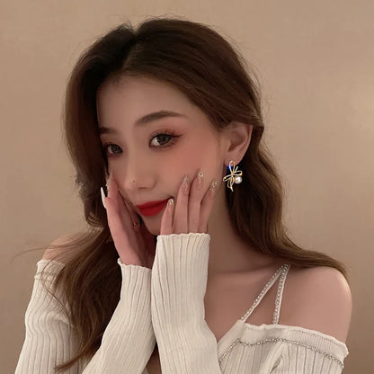 Gold Color Rhinestone Bow Pearl Earrings For Women 2022 New Korean Fashion Exquisite Earrings Wedding Jewelry Birthday Gifts