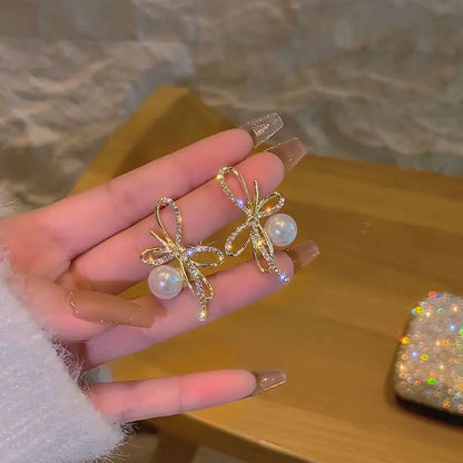 Gold Color Rhinestone Bow Pearl Earrings For Women 2022 New Korean Fashion Exquisite Earrings Wedding Jewelry Birthday Gifts