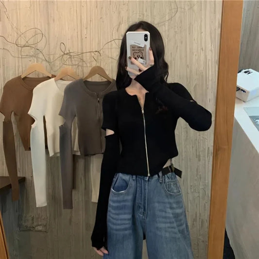 Design Sense Careful Machine Zipper Top Long Sleeved Knitted Cardigan Short Base Shirt Women's Clothing