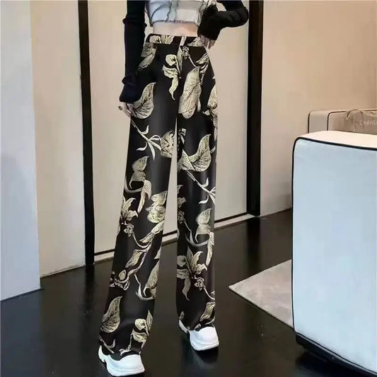 New Ice Silk Wide-leg Pants for Women to Wear as Outerwear Simple Printed Casual Loose Slimming Personalized Straight Pants