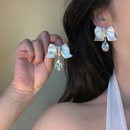 Gold Color Rhinestone Bow Pearl Earrings For Women 2022 New Korean Fashion Exquisite Earrings Wedding Jewelry Birthday Gifts