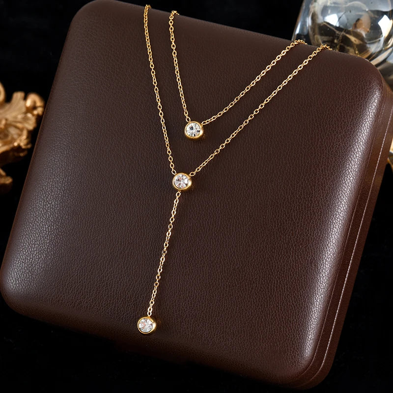 GANEMLY 316L Stainless Steel Multilayer Zircon Pendant Necklace For Women Girl New Trendy Luxury Neck Chain Jewelry Lady Gift